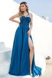 Blue Lightweight Split Lace Formal Dress