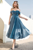 Princess A-Line Off-the-Shoulder Grey Blue Party Dress