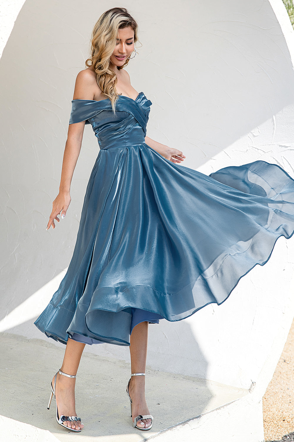 Princess A-Line Off-the-Shoulder Grey Blue Party Dress