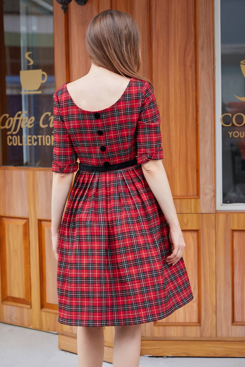 Red Plaid Vintage Dress with Sleeves