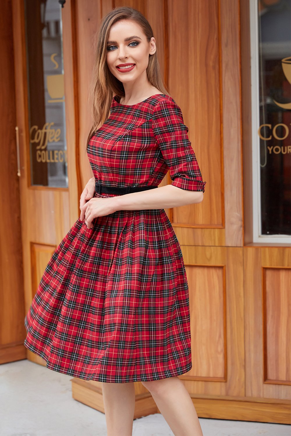Red Plaid Vintage Dress with Sleeves