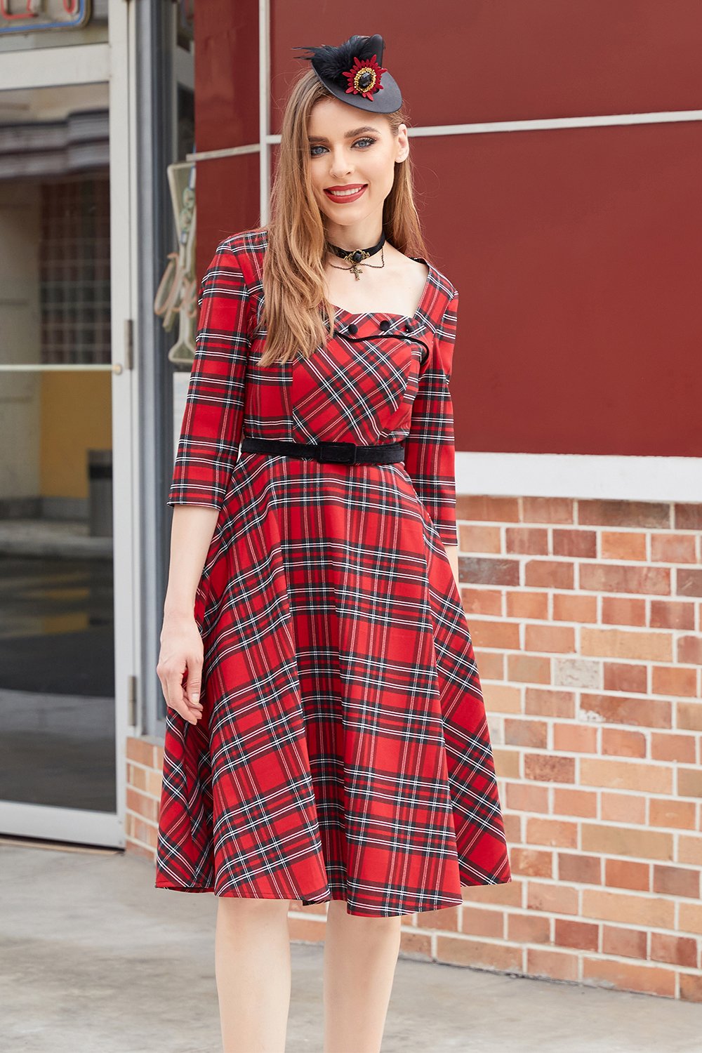 Plaid Red Vintage Dress with Sleeves