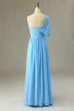 One Shoulder Blue Bridesmaid Dress