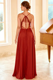 Rust Red Spaghetti Straps Long Bridesmaid Dress
