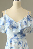 A Line Off the Shoulder Blue Floral Print Long Bridesmaid Dress