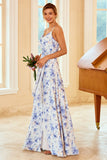 Spaghetti Straps Blue Floral Print Bridesmaid Dress
