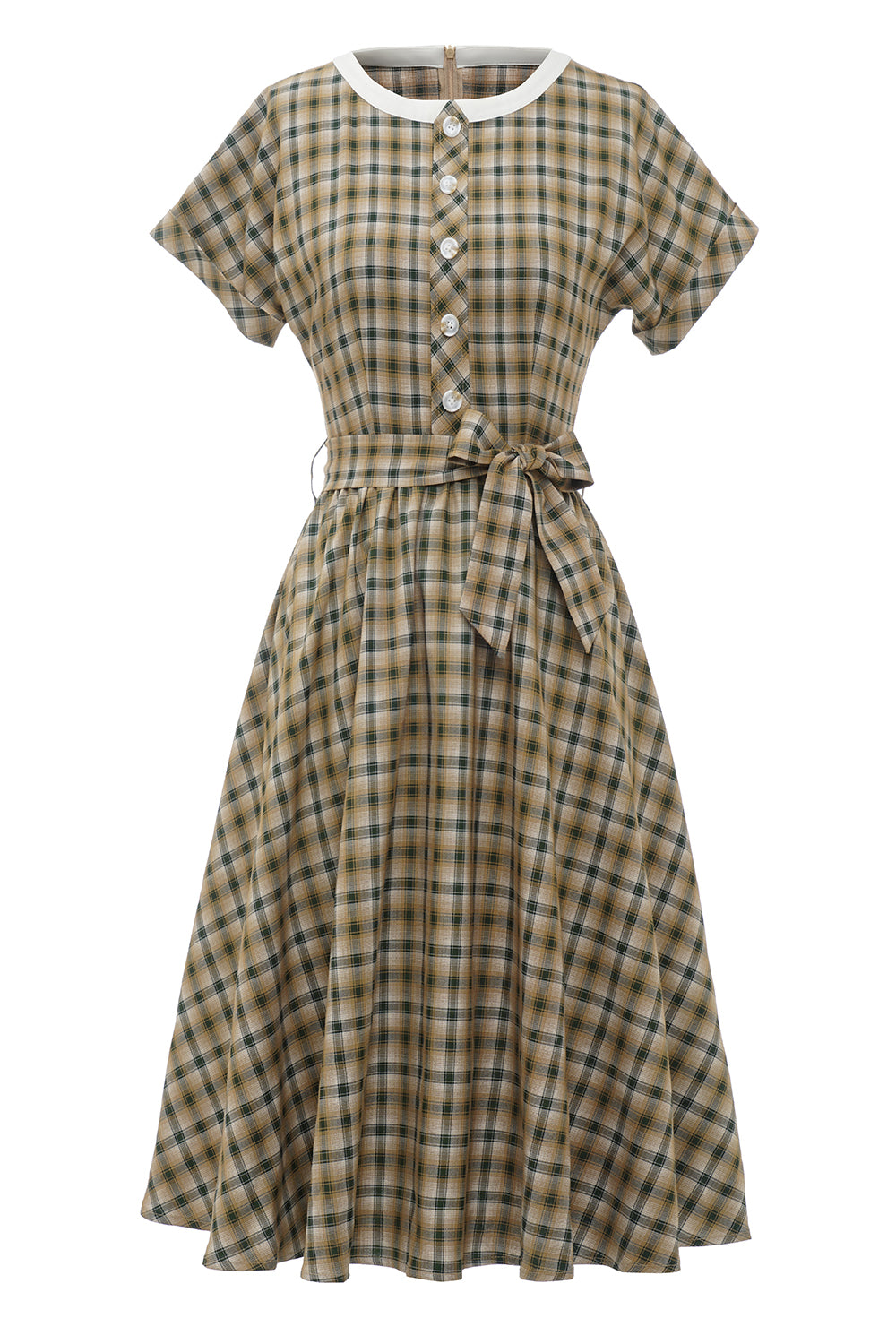 Khaki Green Grid Short Sleeves 1950s Vintage Dress