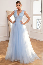 Light Blue Backless Long Ball Dress with Appliques