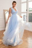 Light Blue Backless Long Ball Dress with Appliques