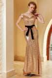 Champagne Sequined Off Shoulder Evening Dress