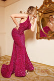 Mermaid One Shoulder Fuchsia Sequins Plus Size Ball Dress with Sweep Train