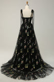 Black A Line Spaghetti Straps Corset Long Ball Dress with Embroidered Floral