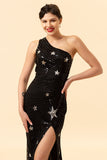 Sequins Mermaid One Shoulder Black Long Ball Dress with Star