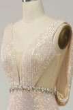 Sheath Deep V Neck Champagne Sequins Long Ball Dress with Split Front