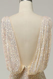 Sheath Deep V Neck Champagne Sequins Long Ball Dress with Split Front