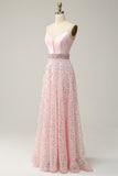 A Line Spaghetti Straps Pink Long Ball Dress with Beading