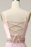 A Line Spaghetti Straps Pink Long Ball Dress with Beading