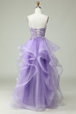 A Line Spaghetti Straps Purple Long Ball Dress with Appliques