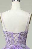 A Line Spaghetti Straps Purple Long Ball Dress with Appliques
