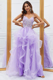 Glitter Purple Ruffled Corset Long Ball Dress with Lace