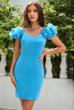 Simple Blue Off the Shoulder Tight Cocktail Dress with Ruffles