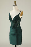 Spaghetti Straps Dark Green Corset Party Dress with Beading