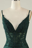 Spaghetti Straps Dark Green Corset Party Dress with Beading