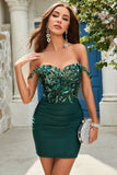 Dark Green Sheath Off the Shoulder Short Cocktail Dress with Appliques