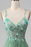 Sparkly Green A-Line Spaghetti Straps Corset Ball Dress With Appliques