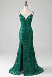 Sparkly Dark Green Beaded Sequins Long Ball Dress with Slit