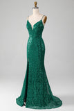 Sparkly Dark Green Mermaid Beaded Sequins Long Ball Dress with Slit
