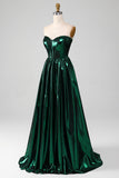 Glitter Dark Green Corset Metallic Long Ball Dress