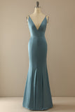 Mermaid Blue V-Neck Long Ball Dress