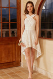 High Low White Party Dress with Lace Sleeveless