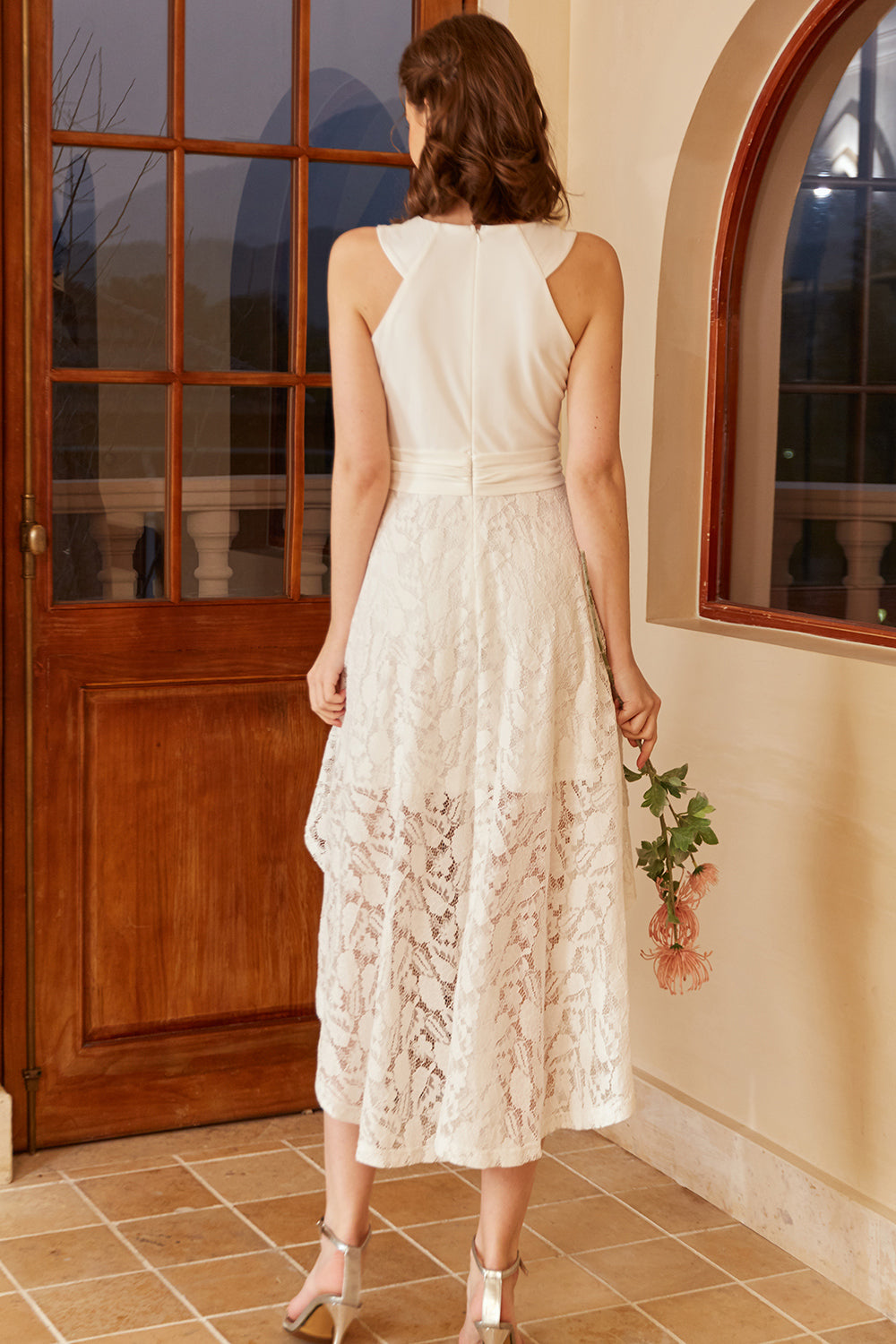 High Low White Party Dress with Lace Sleeveless