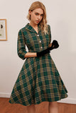 Green Plaid 3/4 Sleeve Dress