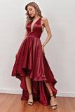 Burgundy High-Low Formal Party Dress with Pockets