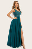 Turquoise Chiffon Long Ball Dress with Beading