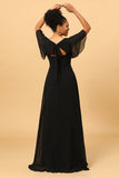 Black Batwing Sleeves Long Chiffon Bridesmaid Dress With Slit