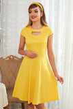 Yellow Round Neck Vintage Dress Keyhole