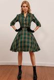 Green Plaid 3/4 Sleeve Dress