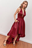 Burgundy High-Low Formal Party Dress with Pockets