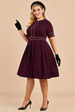 Burgundy Vintage Plus Size Dress With Sleeves