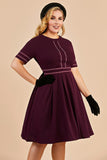 Burgundy Vintage Plus Size Dress With Sleeves