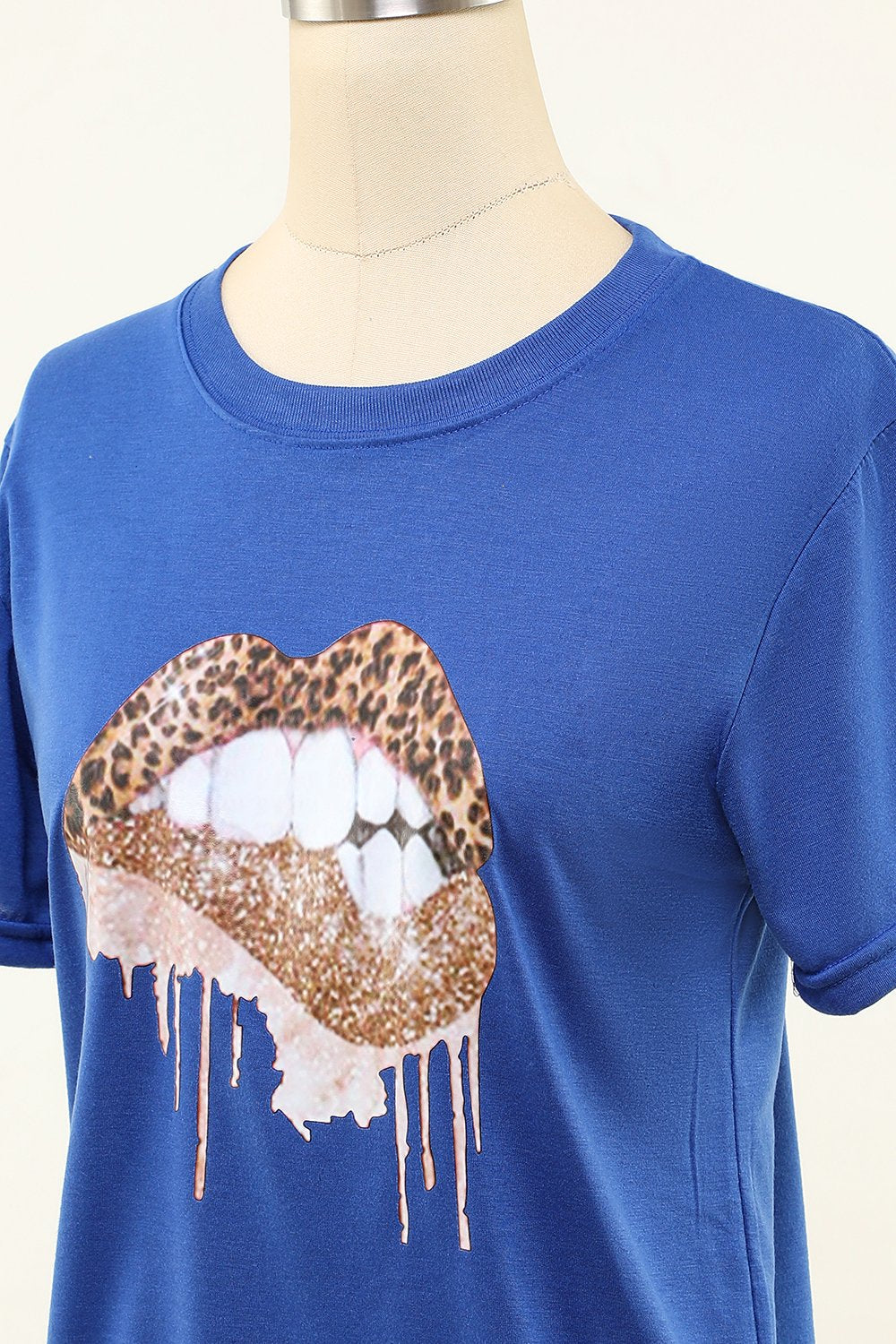 Lips Printed Royal Blue Round Neck T-shirt