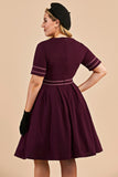 Burgundy Vintage Plus Size Dress With Sleeves