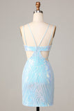 Stunning Bodycon Spaghetti Straps Blue Sequins Short Ball Dress