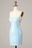 Stunning Bodycon Spaghetti Straps Blue Sequins Short Ball Dress