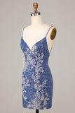 Dark Blue Sparkly Sheath Spaghetti Straps Short Homecoming Dress with Embroidery
