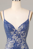 Dark Blue Sparkly Sheath Spaghetti Straps Short Homecoming Dress with Embroidery